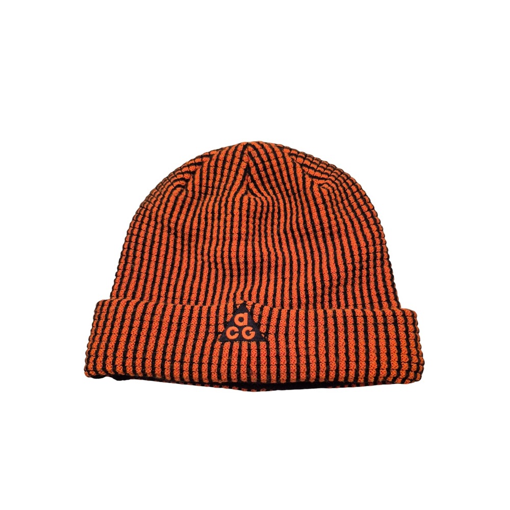 Nike ACG Striped Knit Beanie Orange Black Fleece Lined Winter Hat One Size